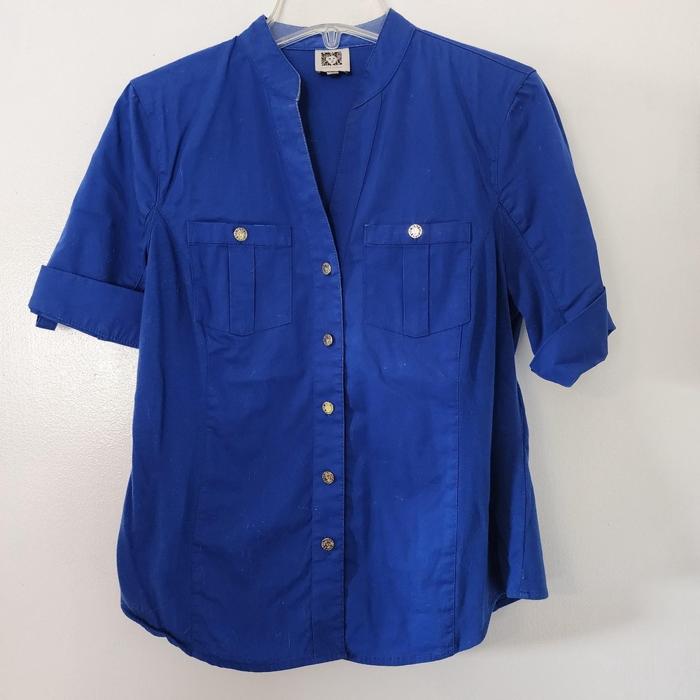 Anne Klein Royal Blue Short Sleeve Button Up Blouse Mandarin Collar Gold Buttons